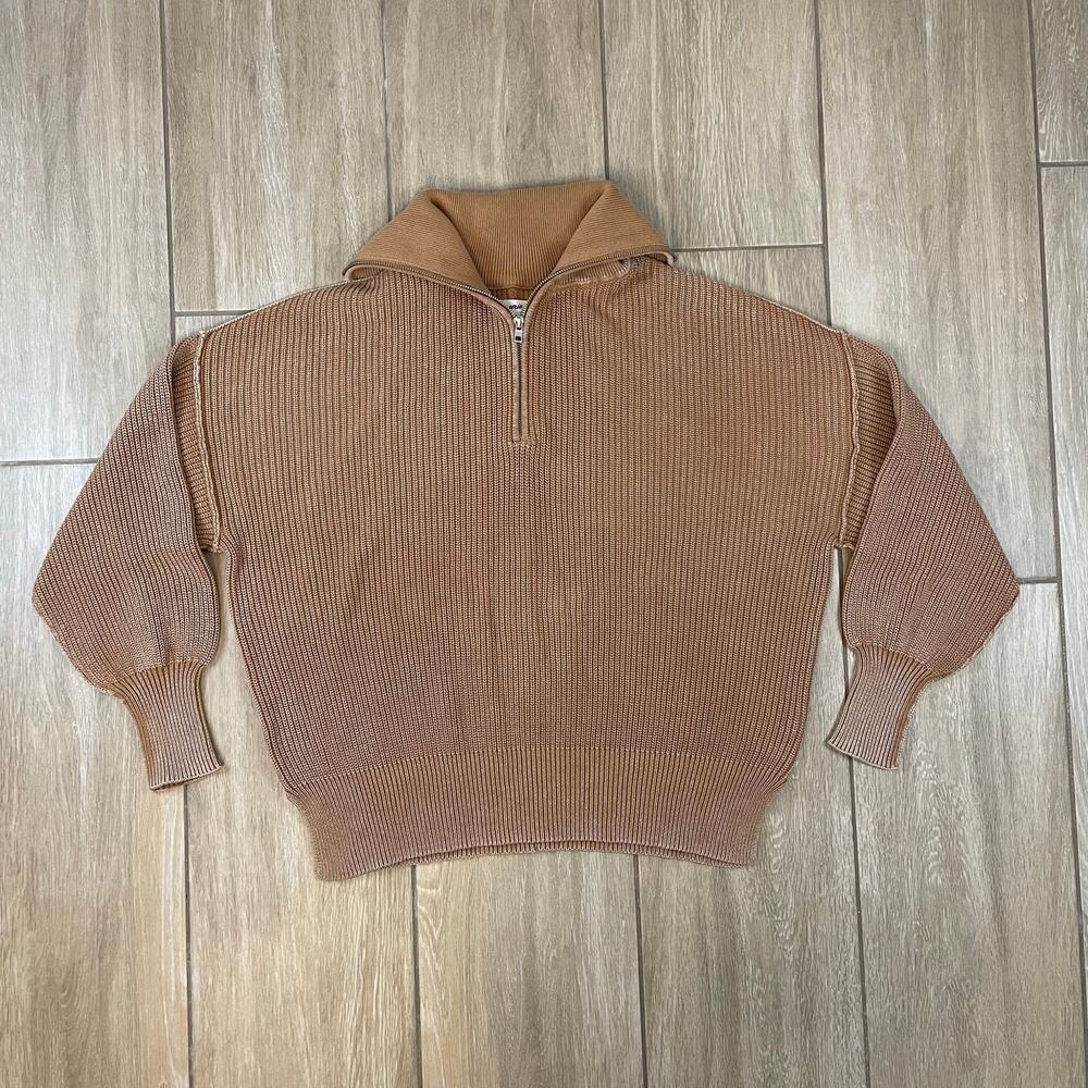 Aerie Half Zip Sweater XXS Tan Ribbed Oversized Cotton Knit NWT Cozy